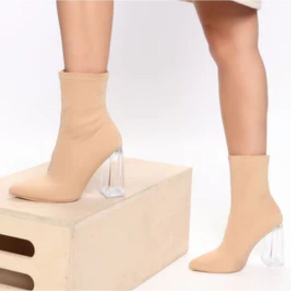 BAMBOO NIGHTFALL STRETCH LYRA LUCITE  SOCK BOOTS WITH CLEAR HEELS G1 - Picture 1 of 16
